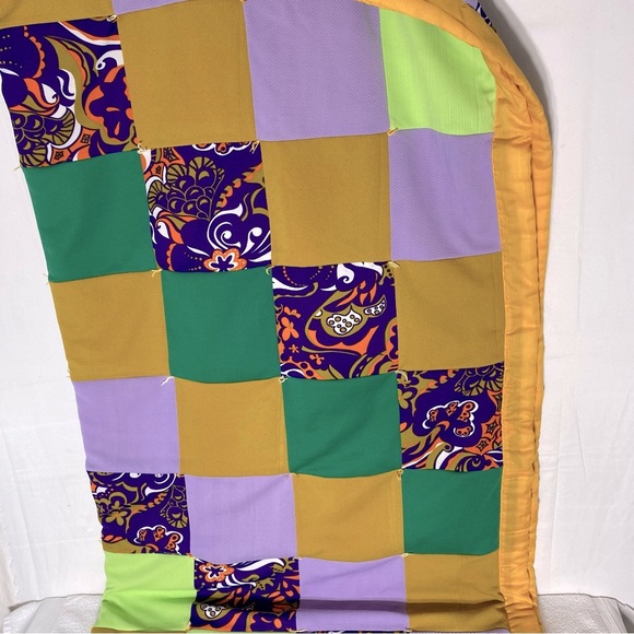 Vintage 70s Handmade Purple Green Yellow Patchwork Quilt - Picture 14 of 16